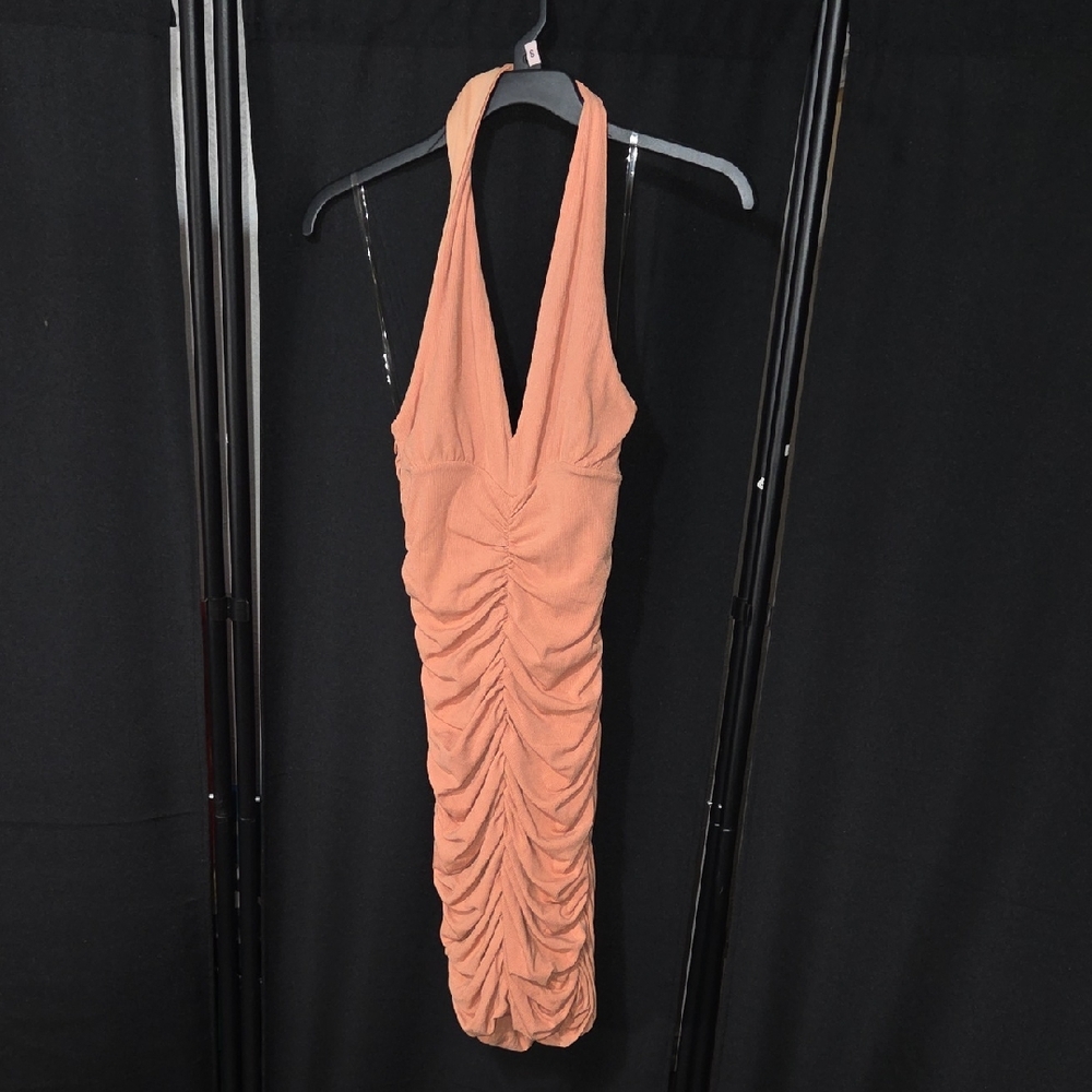 Ruched Halter Midi Dress in Coral Peach